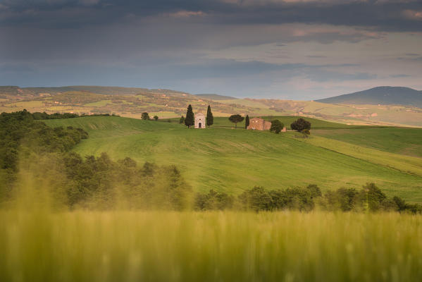 San Quirico d'Orcia, Tuscany, Italy. Vitaleta Chapel during a stormy day.