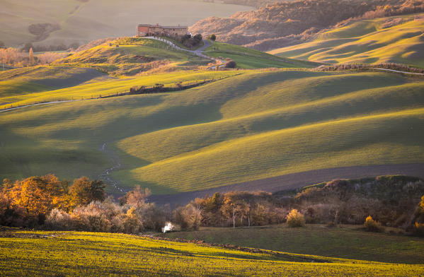 San Quirico d'Orcia, Tuscany, Italy. Sunrise over the hills.