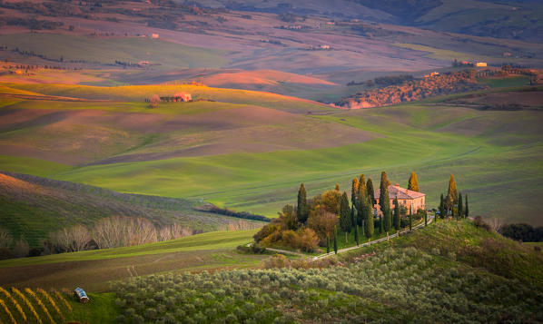 San Quirico d'Orcia, Tuscany, Italy. Sunset over Podere Belvedere.