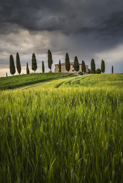 San Quirico d'Orcia, Tuscany, Italy. Farmhouse at sunset.