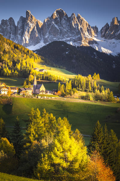 Val di Funes, Trentino Alto Adige, Italy. Santa Magdalena village and Odle mountain during sunset.