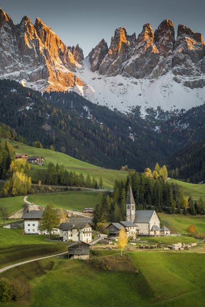 Val di Funes, Trentino Alto Adige, Italy. Santa Magdalena village and Odle mountain during sunset.