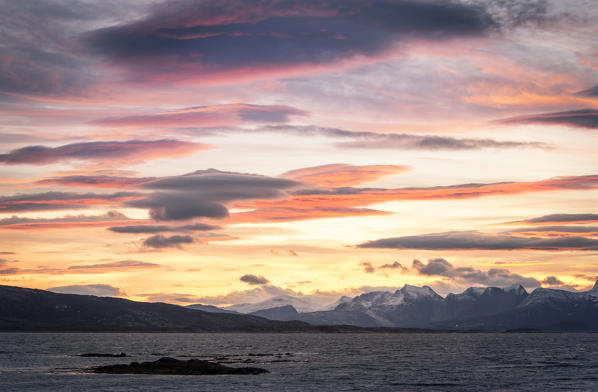 Sunset over arctic sea, Lofoten Islands, Norway