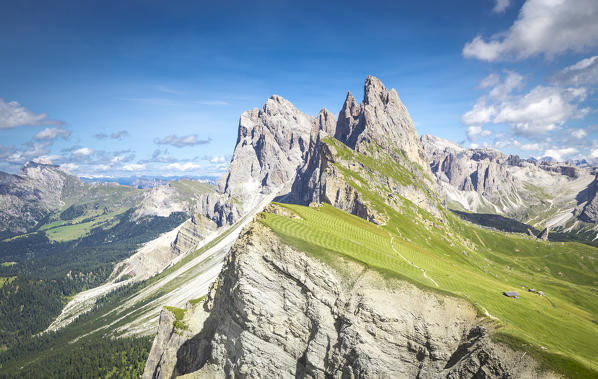 Elevated view, from the top of Seceda mountain, of the Odle Mountains, Puez Odle Natural Park, Trentino Alto Adige, Italy