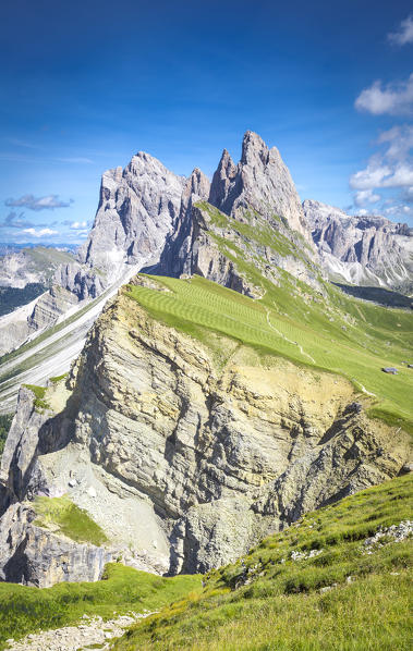 Elevated view, from the top of Seceda mountain, of the Odle Mountains, Puez Odle Natural Park, Trentino Alto Adige, Italy