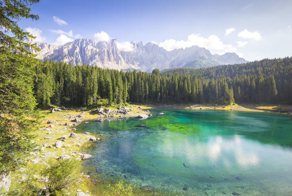 Lake Carezza with Mount Latemar, Bolzano province, South tyrol, Italy