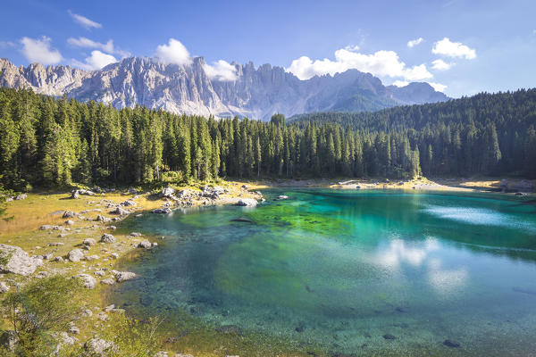 Lake Carezza with Mount Latemar, Bolzano province, South tyrol, Italy