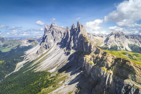 Elevated view, from the top of Seceda mountain, of the Odle Mountains, Puez Odle Natural Park, Trentino Alto Adige, Italy