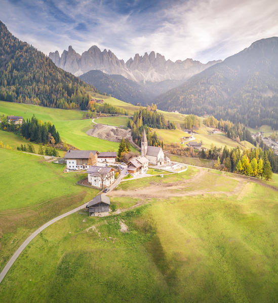 Aerial View of Santa Magdalena village, Funes Valley, Bolzano Province, Trentino Alto Adige, Italy