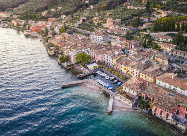 Aerial view of Villa harbour and village. Garda Lake, Brescia Province, Lombardy, Italy