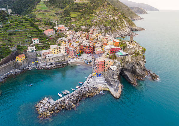 Aerial view of Vernazza, Cinque Terre, Liguria, Italy