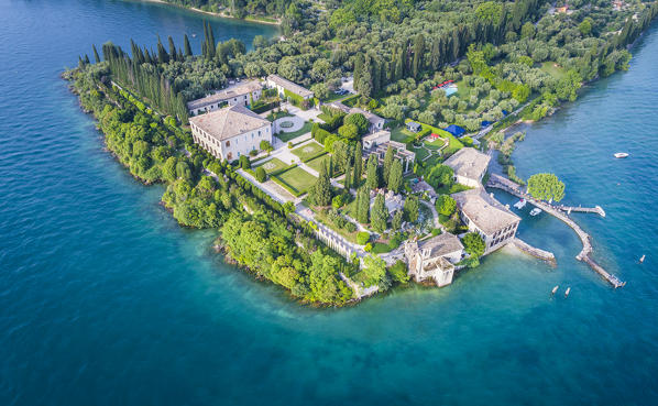 Aerial view of Punta San Vigilio on Garda Lake. Verona Province, Veneto, Italy