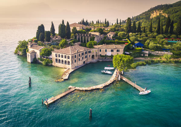 Aerial view of Punta San Vigilio on Garda Lake. Verona Province, Veneto, Italy