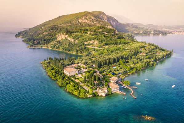 Aerial view of Punta San Vigilio on Garda Lake. Verona Province, Veneto, Italy