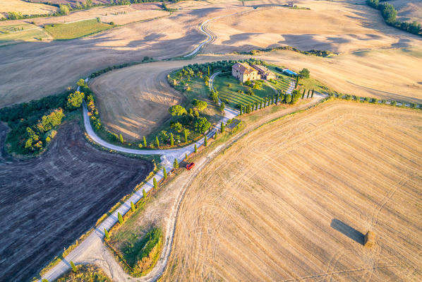 Aerial view of Pienza countryside, Val d'Orcia, Tuscany, Italy