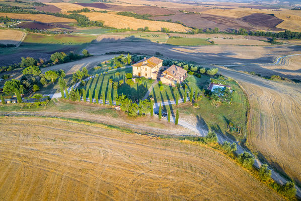 Aerial view of Pienza countryside, Val d'Orcia, Tuscany, Italy