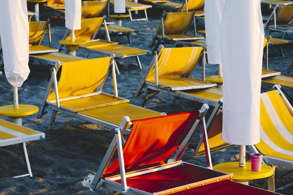 Chaise longue on the beach, Cefalù, Palermo province, Sicily, Italy