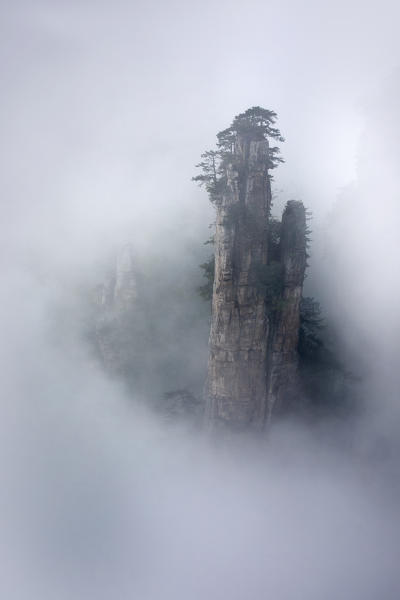 Tianzi mountain in the mist at sunrise, Zhangjiajie national forest park, Hunan, China