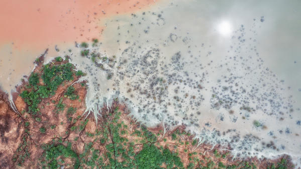 Aerial view of floded banks of lake Bogoria, where lesser and greater flamingos gather; rift valley, Kenya

