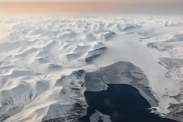 Aerial view of Spitsbergen at night in early spring, Svalbard.
