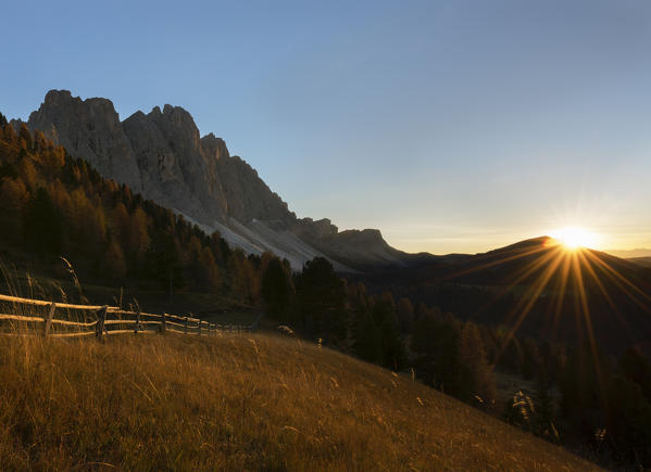 Odle,Funes, Dolomites,Trentino alto Adige, Italy
The Odle group taken at sunset in a field with a fence 