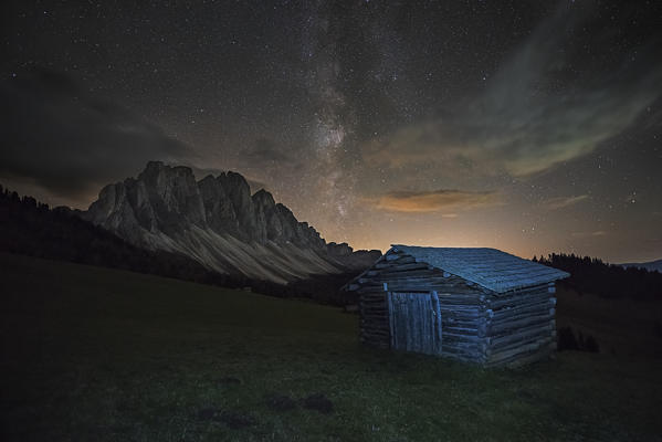 Odle,Funes, Dolomites,Trentino alto Adige, Italy
A small mountain hut in the Odle group shot in notturna.Sullo background, clearly visible, the Milky Way 