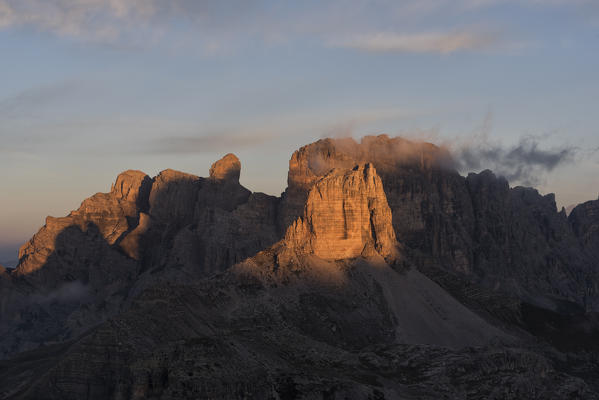 Sesto Dolomites,Bolzano province, Trentino Alto Adige, Italy, Europe.Mount Rudo and Croda dei Rondoi at sunset