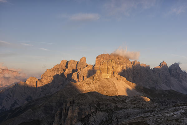 Sesto Dolomites,Bolzano province, Trentino Alto Adige, Italy, Europe. Torre Scarperi,Croda dei rondoi, Monte Rudo at sunset