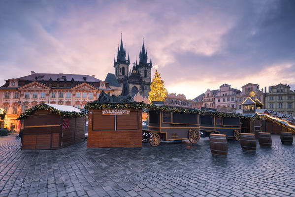 Prague, Czech Republic
The Church of Saint Mary of Tyn photographed at dawn, in the foreground Christmas stalls