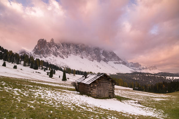 Natural Park Puez-Odle,Province of Bolzano, Trentino Alto Adige, Italy  Sunrise in the natural park Puez-Odle with the first autumn snow