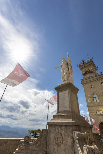 Statue of Liberty and Palazzo Pubblico headquarters of the main institutions of the Republic, Città di San Marino, Most Serene Republic of San Marino 