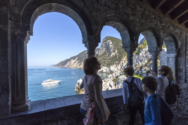 View from St. Peter church colonnade, Porto Venere village, La Spezia district, Liguria, Italy
