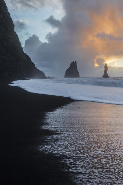 Dawn at the black sand beach of Reynisfjara Vik Sudurland Iceland Europe