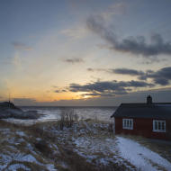 Norvegian rorbu at the dawn in the winter season, Lofoten islands.