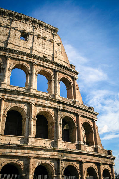 Rome, Lazio, Italy, details of the Colosseum with clear blue sky