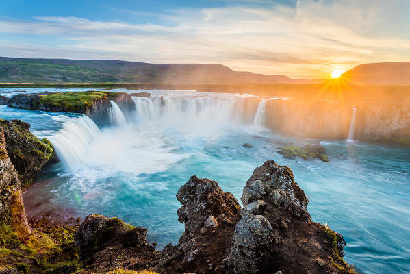 Godafoss waterfall at sunset, Northern Iceland. 