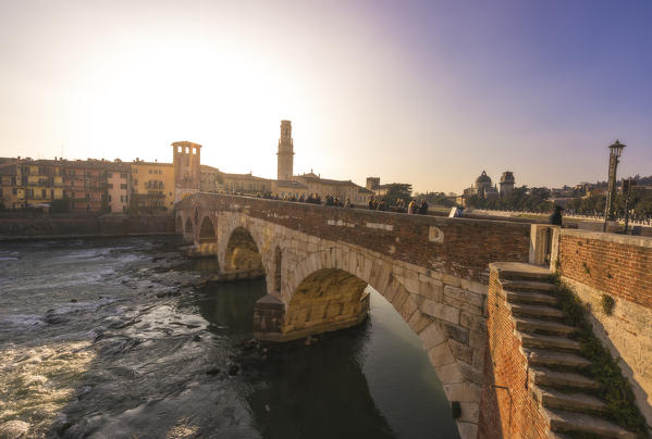 Verona, Veneto, Italy. Ponte Pietra bridge during a sunset.