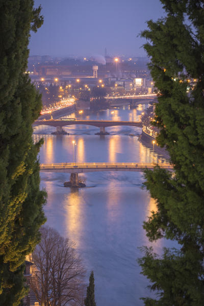 Verona, Veneto, Italy. Panoramic view Verona's bridges from Piazzale Castel San Pietro