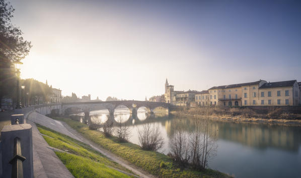 Verona, Veneto, Italy. View of Ponte Pietra in the morning