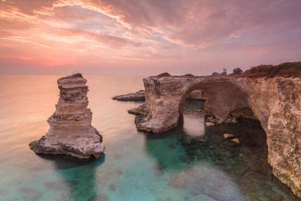 Faraglioni Sant'Andrea at sunrise, Province of Lecce, Italy, Europe