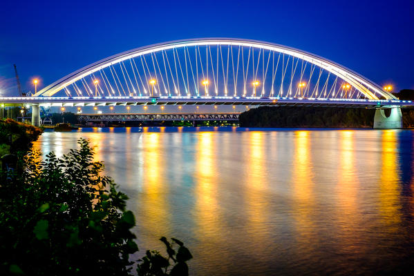 Bratislava, Slovakia, center Europe. The Apollo Bridge in Bratislava is a road bridge over the Danube.