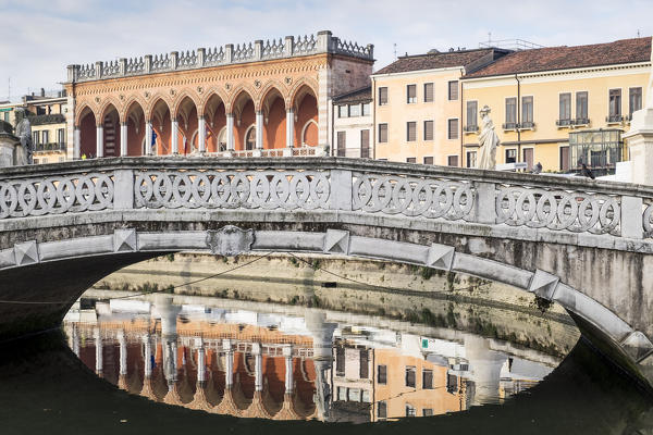 Padua, Veneto, North Italy, Europe. Reflected bridge on the Piazza Prato della Valle.