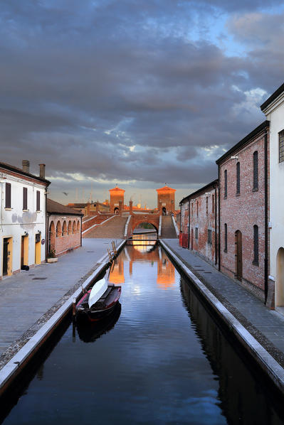 Canal of Comacchio, in the background Trepponti bridge. Ferrara district, Emilia Romagna, Italy